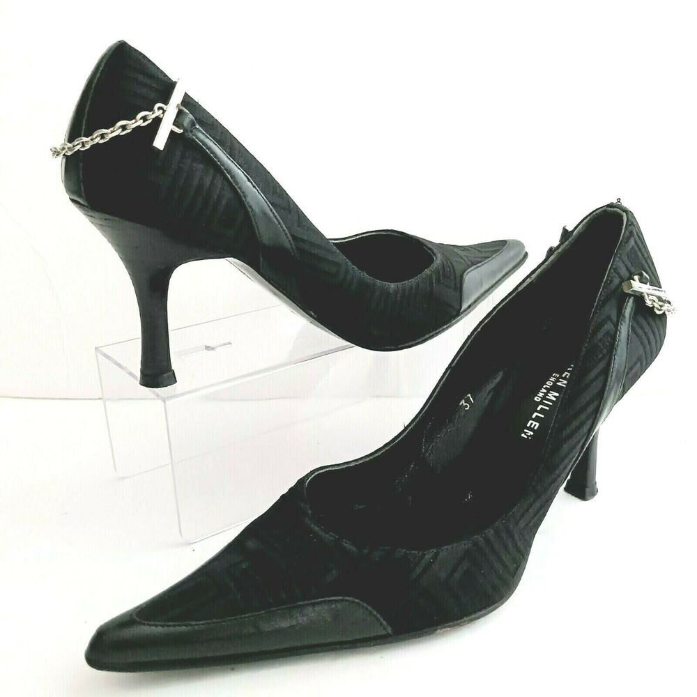 Karen Millen Logo Jacquard Print Black Leather Pump Silver Chain Heel 37 US 6
